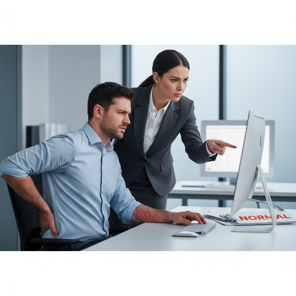 एक तनावग्रस्त सॉफ्टवेयर पेशेवर कार्यालय में पीठ दर्द से पीड़ित है, उसकी त्वचा पर एक्जिमा के चकत्ते हैं, जबकि एक टीम लीडर उसके काम को माइक्रोमैनेज कर रही है, जो मनोदैहिक लक्षणों को दर्शाता है।