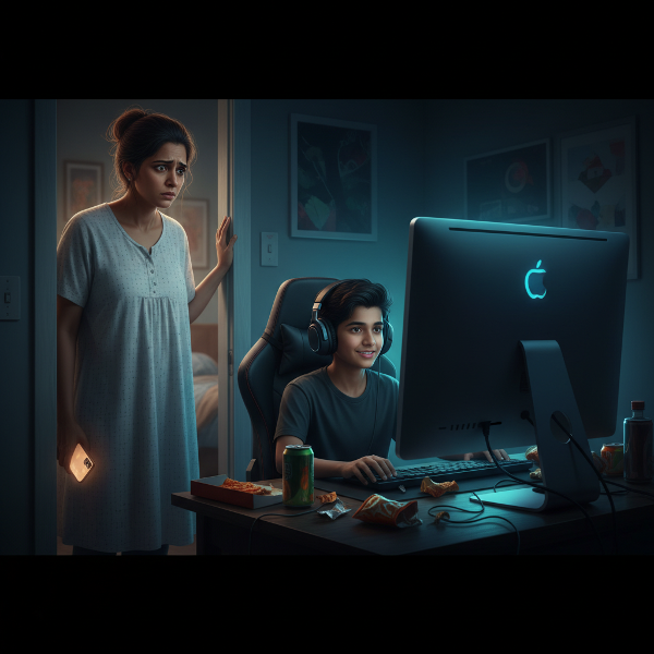 एक चिंतित मनोचिकित्सक माँ अपने किशोर बेटे को देख रही है, जो रात में कमरे की रोशनी में गेम खेलने में डूबा हुआ है और उसकी अनदेखी कर रहा है, जिससे पारिवारिक तनाव दिखाई दे रहा है।