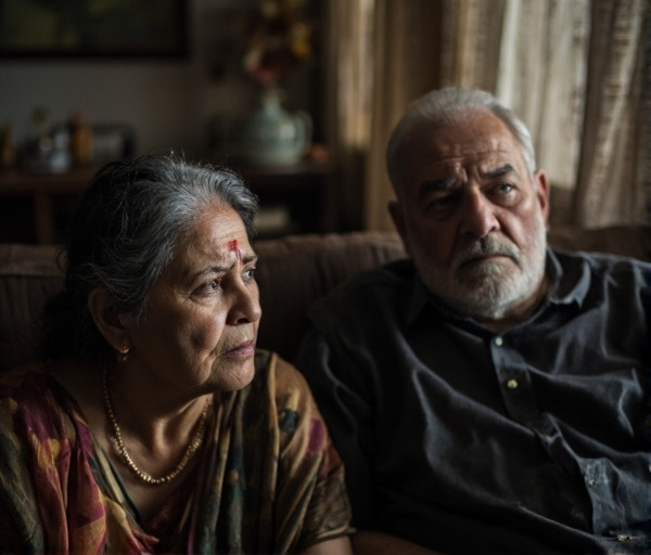 एक चिंतित महिला अपने थके हुए पति को देख रही है, जो अवसाद और शारीरिक समस्याओं का संकेत देता है।