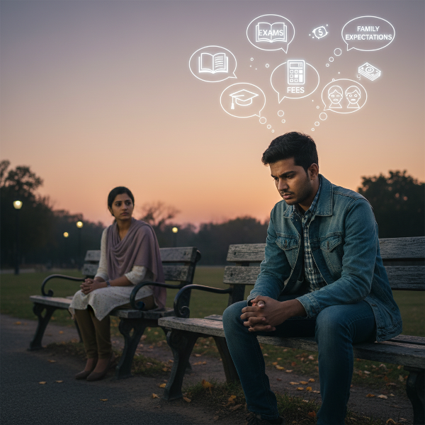 एक युवा जोड़ा पार्क की बेंच पर बैठा है, जहाँ लड़का तनावग्रस्त दिख रहा है और लड़की चिंतित। उनके बीच भावनात्मक दूरी और लड़के के मन में पढ़ाई व परिवार के दबाव के विचार दिखाए गए हैं।