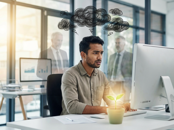 एक युवा सॉफ्टवेयर डेवलपर कार्यालय में चिंतित है, जिसके आसपास अनुभवी सहकर्मियों की छाया है, लेकिन उसकी मेज पर आत्मविश्वास का एक छोटा पौधा उग रहा है।