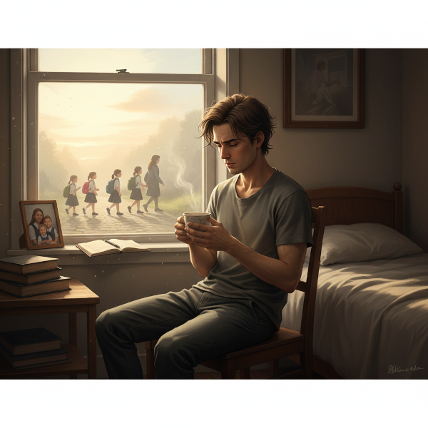 एक युवा पुरुष सुबह की थकान और जिम्मेदारी के बीच फँसा हुआ है, खिड़की के पास बैठा बच्चों को स्कूल जाते देख रहा है।