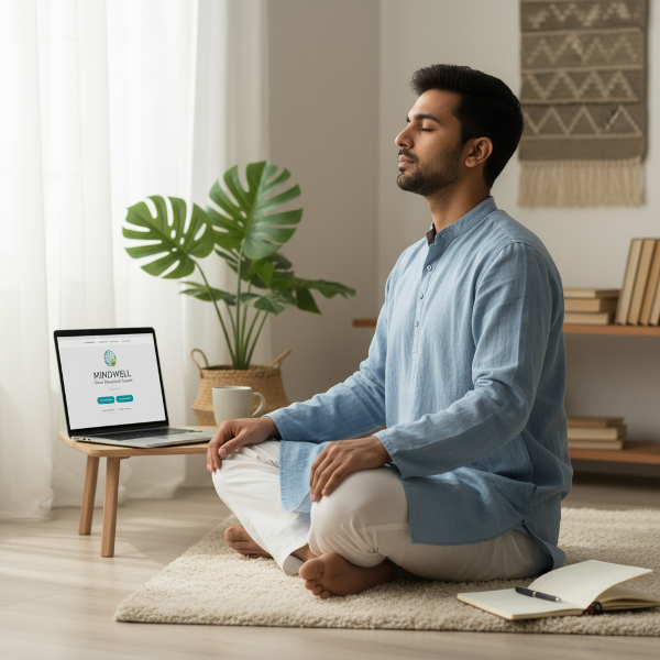 एक युवक शांत कमरे में गहरी साँस लेने का अभ्यास कर रहा है, जबकि उसके लैपटॉप पर ऑनलाइन परामर्श वेबसाइट खुली है। यह दृश्य मानसिक शांति और आत्म-सहायता को दर्शाता है।