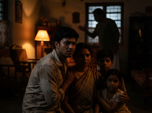 एक युवा अपनी माँ और छोटे भाई-बहनों को एक क्रोधी, हिंसक पिता की मौजूदगी से बचाने की कोशिश करते हुए, घर के भीतर तनाव और डर का माहौल।