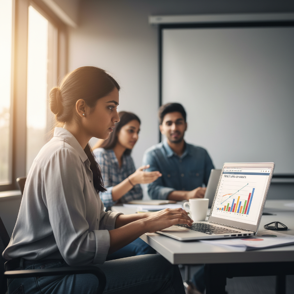 एक युवा छात्रा टीम प्रेजेंटेशन से पहले चिंता महसूस कर रही है, उसके हाथ कांप रहे हैं और वह लैपटॉप पर चार्ट देख रही है।