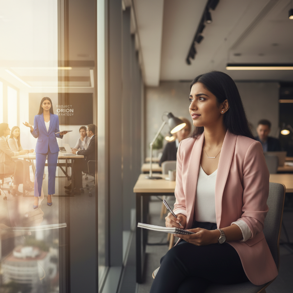 एक युवती कार्यालय में अपने प्रतिबिंब को देखते हुए, जहाँ वह अपने भीतर के आत्मविश्वास को खोज रही है।