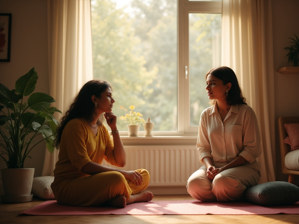 एक युवा महिला विंडो के पास बैठी है, थकान और तनाव महसूस कर रही है। उसके पास योग मैट और ध्यान का तकिया है, जबकि उसका साथी सहायक भाव से देख रहा है।