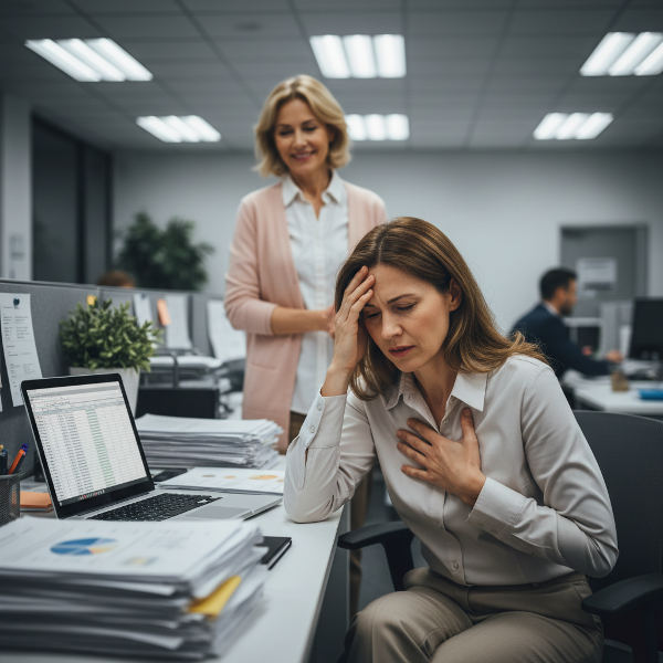 Egy 42 éves könyvelőnő munkahelyi stressz hatására testi tüneteket tapasztal, míg a háttérben egy megnyugtató pszichológus látható.