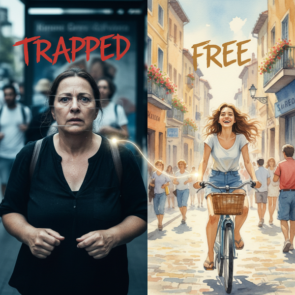 Egy középkorú nő láthatatlan ketrecben érzékelte magát, szorongva egy zsúfolt buszmegállóban, miközben a múltból egy szabadon utazó fiatal énje tűnik fel.