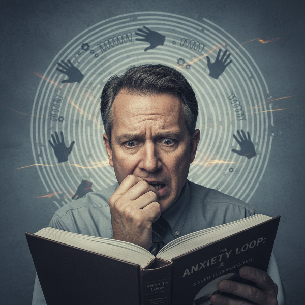 Egy középkorú férfi körmét harapja olvasás közben, ami a stresszkezelés és az automatikus viselkedésminták szimbóluma