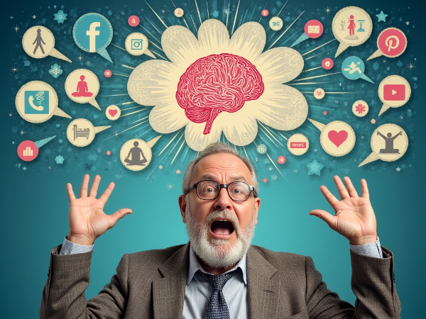 Egy középkorú férfi küzd kényszeres gondolatokkal és fizikai tünetekkel, miközben a közösségi média áradata veszi körül. A kép a stressz és a lehetséges megküzdési stratégiák (mint a testmozgás és a nyugalom) ellentétét ábrázolja.