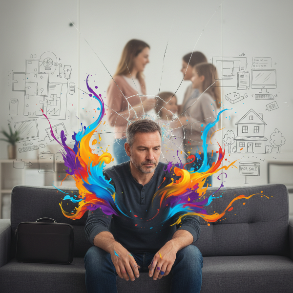 Egy középkorú férfi ül egy kanapén, egy üvegfal választja el a családjától, miközben a művészetterápia színes, absztrakt formái áttörik az érzelmi elzártságot.