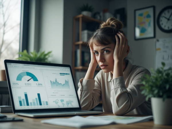 Egy fiatal nő kiégettnek és szorongónak érzi magát egy modern irodai környezetben, miközben marketing adatokkal teli laptop előtt ül.