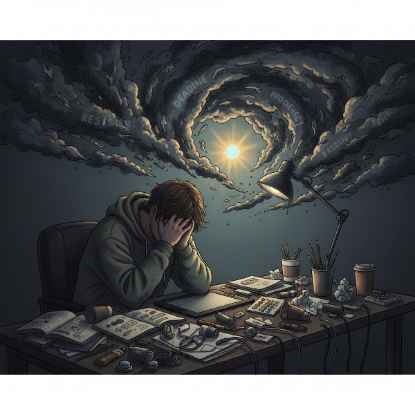 Egy fiatal férfi kiégett kifejezéssel ül zűrös kreatív asztalánál, miközben stresszfelhők és határidők árnyai veszik körül, egy távoli fénytűz reményt jelezve.