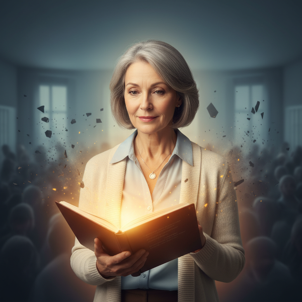 Egy nyugodt, empatikus női pszichológus, aki egy világító noteszt tart, miközben a háttérben a szorongást jelképező árnyak feloldódnak.