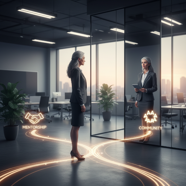 Egy 59 éves nő egy irodai kereszteződésben áll, ahol a múlt és a jövő találkozik, jelképezve a karrierjében átélt értelmet keresést és az új lehetőségek felé vezető utat.