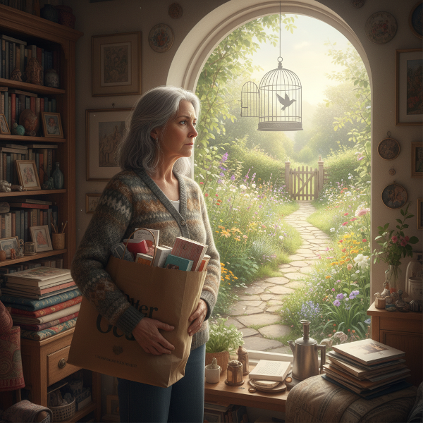 Egy középkorú nő egy zsúfolt otthonban áll, egy bevásárlószatyorral a kezében, egy nyugodt kert felé néz, ami a kényszeres vásárlás és a belső szabadság közötti választást jelképezi.