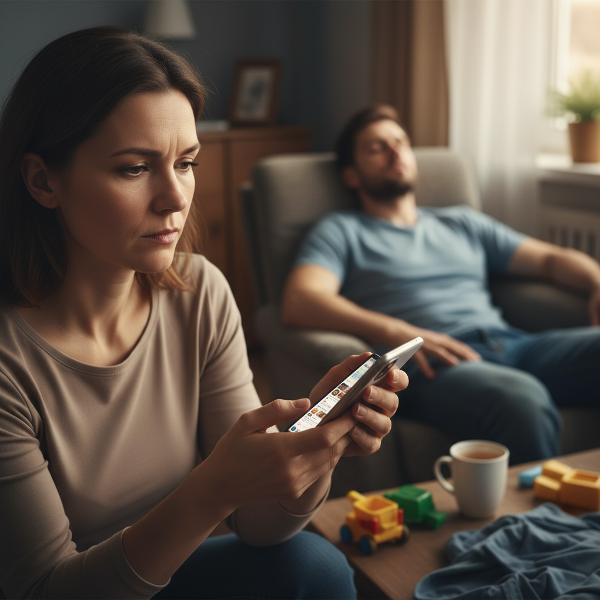 Egy 40-es éveiben járó nő elgondolkodva néz egy telefont, amelyen közösségi média hírfolyamok láthatók, mögötte fáradt férje. Lágy fény, otthoni környezet, érzelmi távolságot és a mindennapi felelősségek súlyát ábrázolja.