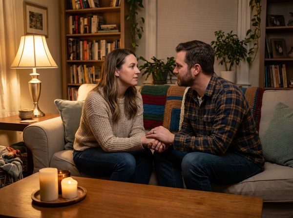Egy pár nyugodt környezetben beszélget, megpróbálva helyreállítani a bizalmat és az érzelmi intimitást.