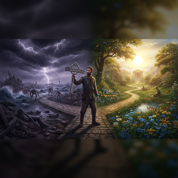 Egy férfi egy útelágazásnál áll, ahol két út tárul elé: az egyik egy zűrzavaros, viharos tájat, a másik egy nyugodt, napos kertet ábrázol, ami az érzelmi öntudatosságot és az egészséges függetlenséget szimbolizálja.