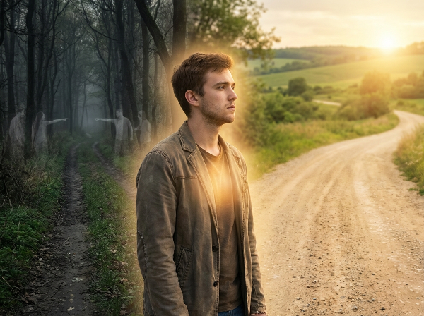 Egy fiatal férfi a múlt kritikáinak árnyékai és a jövő lehetőségeinek fényes útja között áll, belső erőt keresve.