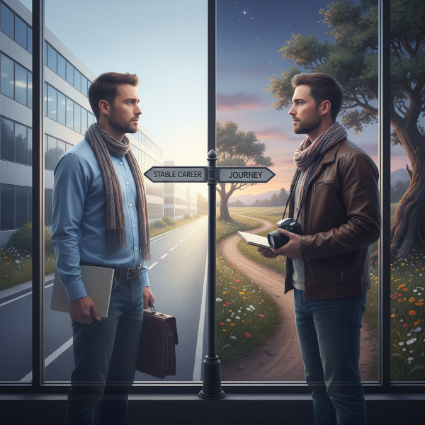 Egy férfi egy útelágazásnál áll, ahol az egyik út egy stabil irodai karriert, a másik egy kreatív önmegtalálás kalandját jelképezi. A kép tükrözi a belső konfliktust és a döntés előtti elmélkedést.