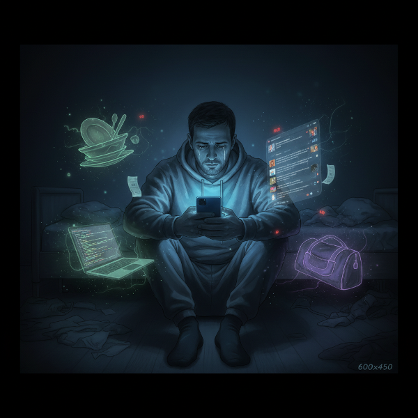 Egy fiatal férfi érzelmi küzdelmét ábrázolja, aki egy sötét szobában ül, elnyomva a depresszió és apátia érzésétől, miközben az okostelefonját nézi, és befejezetlen feladatok veszik körül.