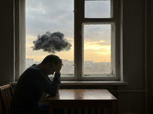 Egy magányos alak ül az ablaknál, fejét a kezébe hajtva, felette egy sötét, nehéz felhővel. Kint a hajnali fény szűrődik be, a remény és a motiváció lassú visszatérését jelképezve.