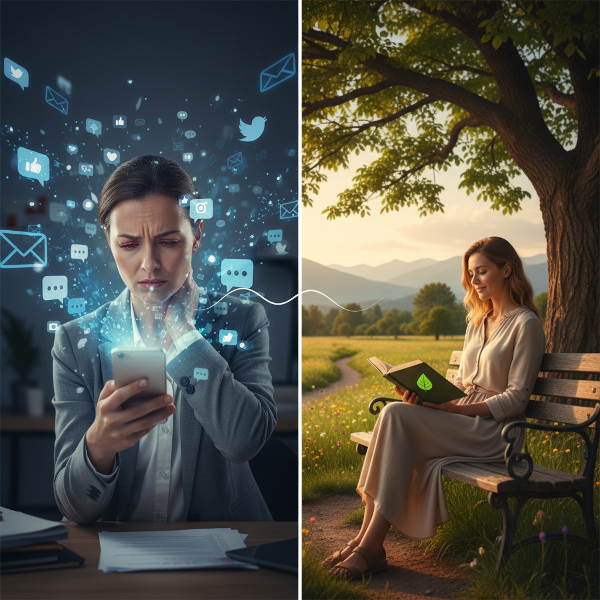 Egy nő, aki szorongva bámulja okostelefonját, digitális ikonok veszik körül, miközben fizikai fájdalmat érez. Egy másik jelenetben ugyanaz a nő nyugodtan olvas, jelezve a digitális egyensúlyt.