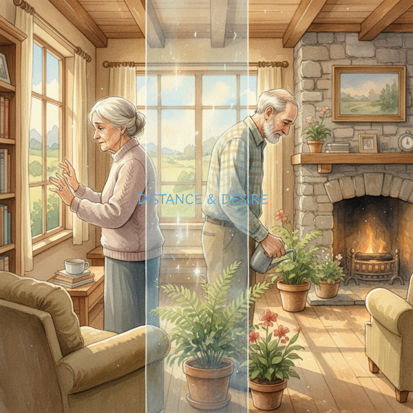 Egy idősebb pár egy meleg, napos kis ház nappalijában ül, közöttük egy látható, de áttetsző fal. Az egyik ablakot néz elveszett kifejezéssel, a másik növényekkel törődik magányosan. A lágy vízfesték stílus érzelmi távolságot és az újra közeledés vágyát közvetíti.