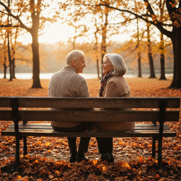 Egy idős pár meghitt pillanata egy padon, a naplementében, a kézszorítás és a meleg tekintet a tartós kapcsolat és érzelmi intimitás szimbóluma.