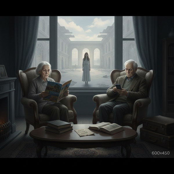 Egy idősebb pár otthon, elhidegülve, a múlt közös utazásainak emlékei mellett, álomszerű kép a magányról és a munkahelyi nyomás jeleivel.