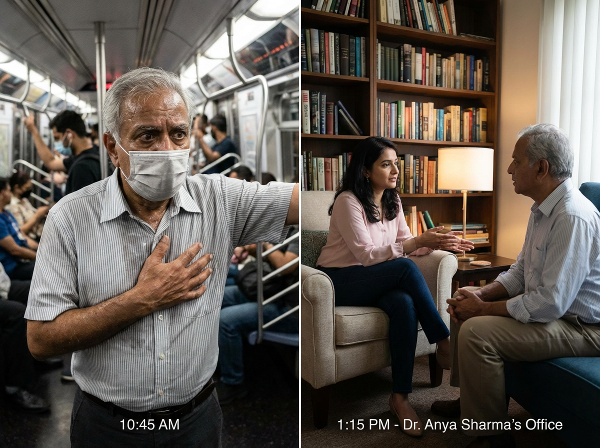 Egy idősebb férfi pánikrohamot él át a zsúfolt metróban, miközben egy pszichológus nyugodt légzéstechnikát mutat be a biztonságos irodájában.