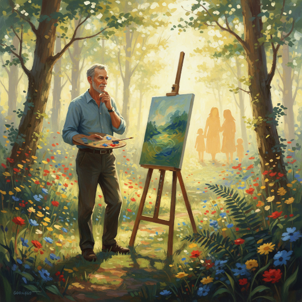 Egy festő férfi a természetben kreatív újrakezdést és családi kapcsolatok gyógyulását keresi.