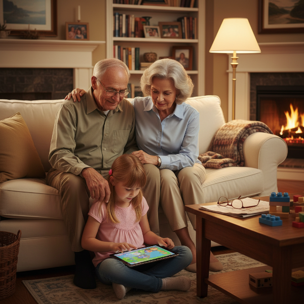 Egy idősebb pár szeretettel figyeli kislányukat, aki egy tabletet kezel egy hangulatos nappaliban, ami a generációs technológiai különbséget és a modern szülői kihívásokat illusztrálja.