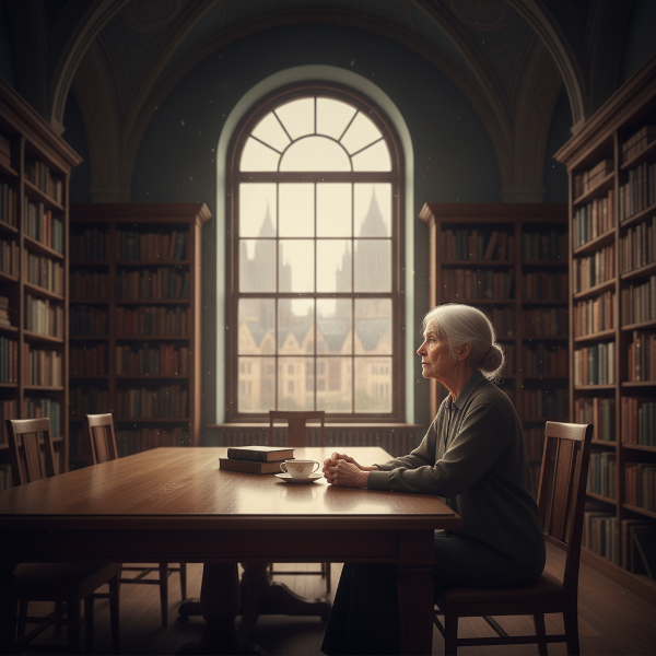 Egy idős nő ül egy csendes könyvtárban, magányosan néz ki az ablakon, a fény és a színek a belső elszigeteltség érzését közvetítik.