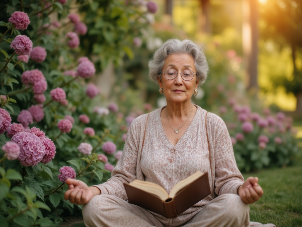 Egy 62 éves nő meditál egy békés kertben, naplóval a kezében, amely az önismeret és a belső erők felkutatását szimbolizálja.