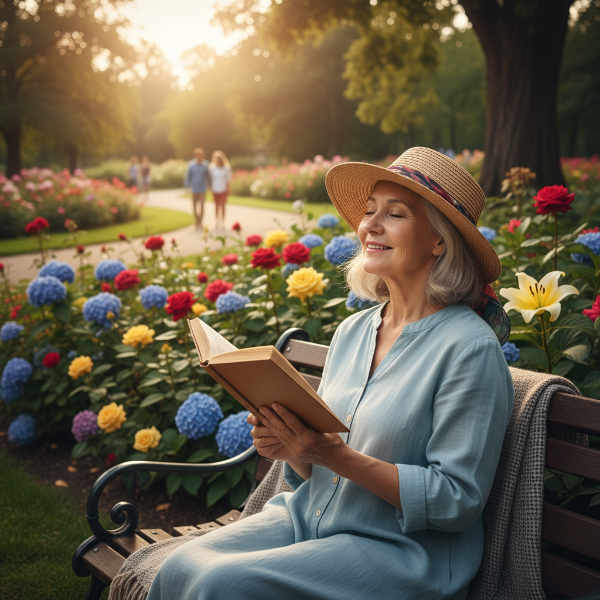 Egy idős nő a parkban, aki nyitottan és békésen gyakorol légzőgyakorlatokat, mögötte virágok és egy távoli pár, ami a reményt és a kapcsolatok lehetőségét szimbolizálja