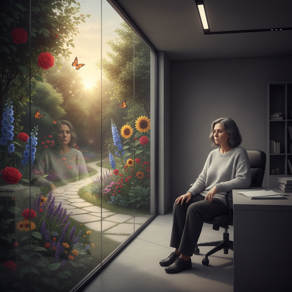 Egy középkorú nő érzelmi elzártságot és apátiát érez, egy szürke irodában ül, és egy üvegfal mögül nézi a vibráns kertet, amellyel már nem tud kapcsolódni.