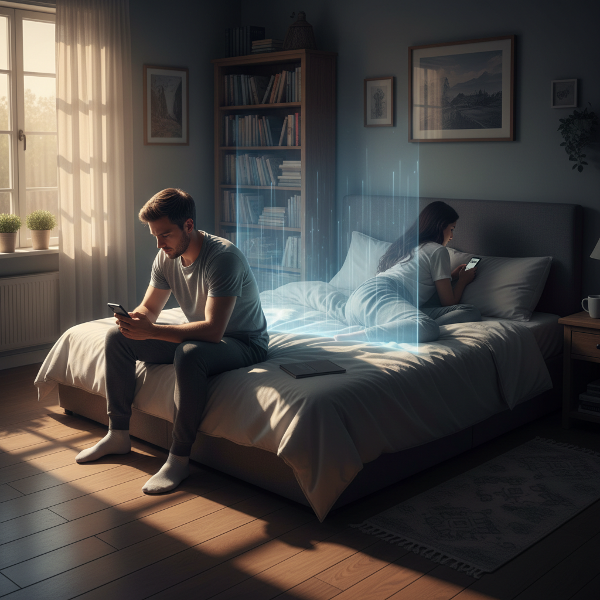 Egy férfi magányosan ül az ágyon, telefonját nézi, miközben partnere távol van, szintén a telefonját görgeti. Egy láthatatlan fal szimbolizálja az érzelmi távolságot a meleg, de üres szobában.