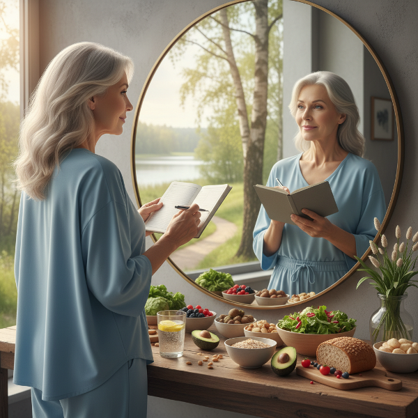 Egy középkorú nő érzelmi evéssel és bűntudattal küzd, étkezési naplót tart, és együttérző belső hangot keres.