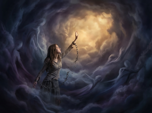 Egy fiatal nő egy sötét, forgó örvényben, amely az érzelmi manipulációt szimbolizálja, miközben egy gyenge fény felé nyúl, amely az önbecsülést és a szabadságot jelképezi, és a csuklóján láncok törnek el.