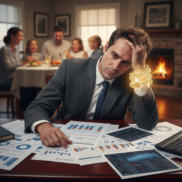 Egy kimerült férfi a pénzügyi kényszer láncaiban, miközben a családja a háttérben várja.