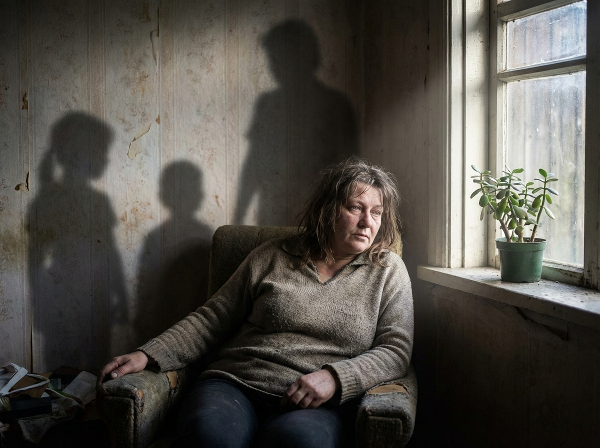 Egy kimerült nő egyedül ül, miközben családi kötelezettségek árnyékai veszik körül, egy növény a reményt jelképezi.