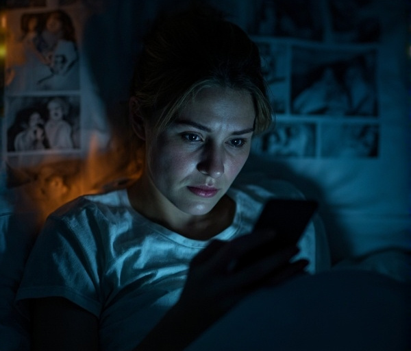 Egy kimerült édesanya az ágyban görgeti a telefonját késő éjszaka, miközben a családi fotók elmosódottan idézik a távoli kapcsolatokat és a belső feszültséget.