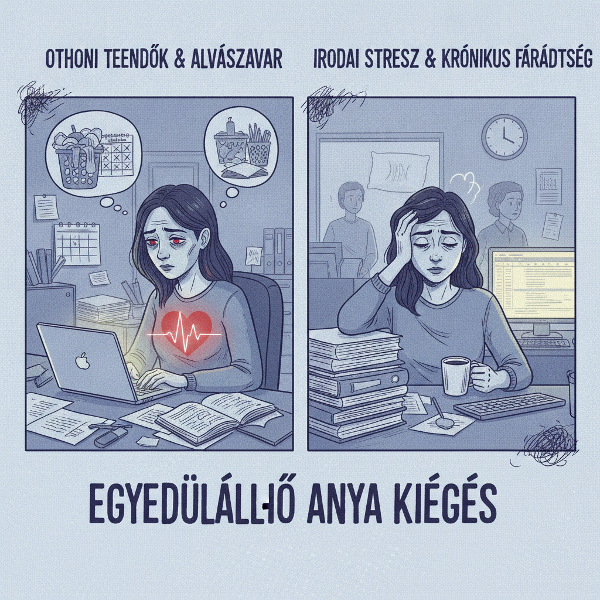 Egy kimerült nő a munka és otthon közötti stressz közepette, szívdobogás és alvászavar jeleivel.