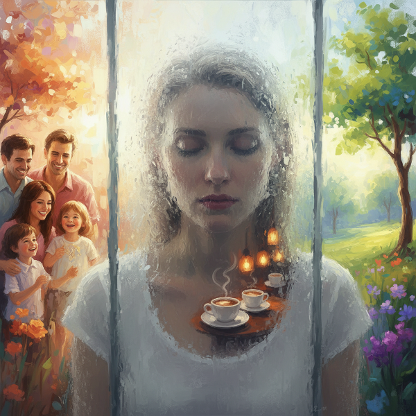 Egy nő üvegfal mögött, a külvilág színei elmosódva, belül szürke köd és érzelmi zsibbadás ábrázolása.