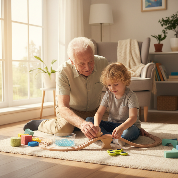 Egy szerető nagyapa és autizmus spektrumon lévő unokája együtt játszanak érzékszervi játékokkal egy nyugodt, biztonságos otthoni környezetben.