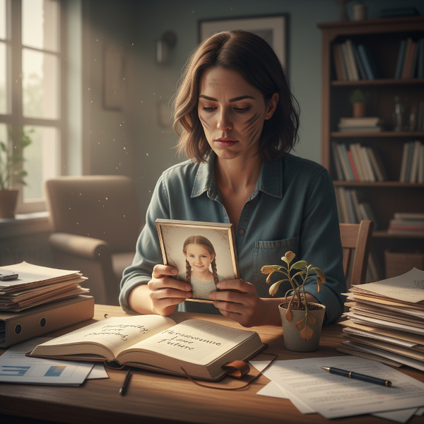 Egy kimerült, de eltökélt nő egy papírdombokkal borított asztalnál ül, mellette egy hervadó kis növény. A lányának a fényképe felé tekint, miközben egy naplóból, ahova értékeit írja, halvány reménysugár árad. Lágy reggeli fény szűrődik be az ablakon.