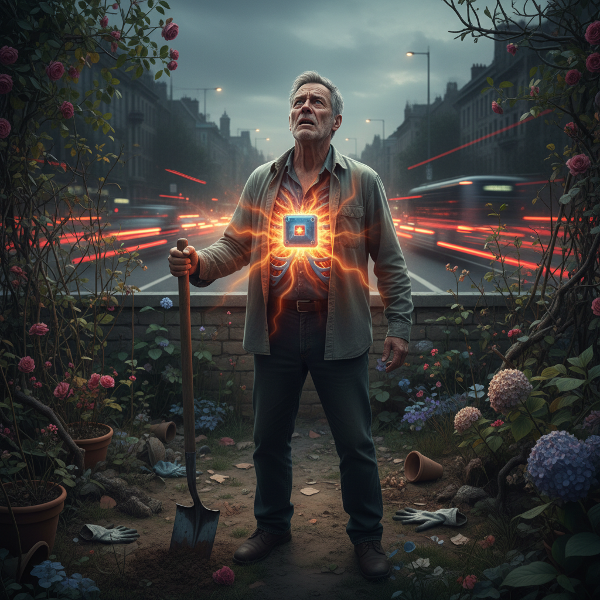 Egy férfi belső haragját és feszültségét ábrázolja, melyet egy mellkasában lévő metaforikus reaktor és egy törött kerti szerszám szimbolizál, a háttérben egy közlekedési helyzettel.